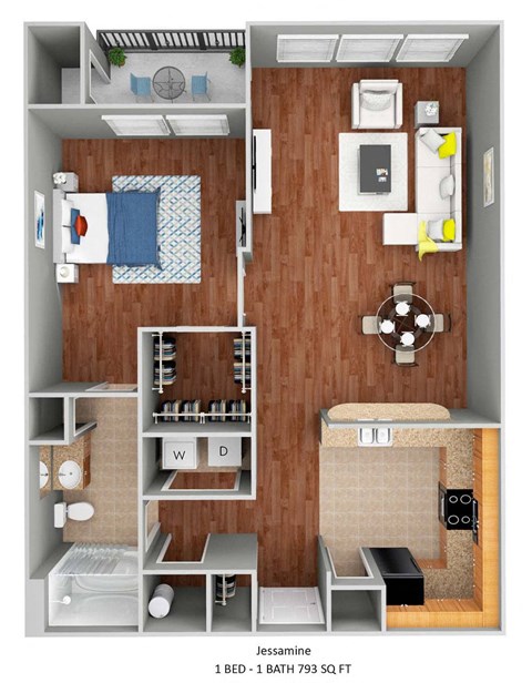 Floor plan for 1 bed, 1 bath, 752 sqft